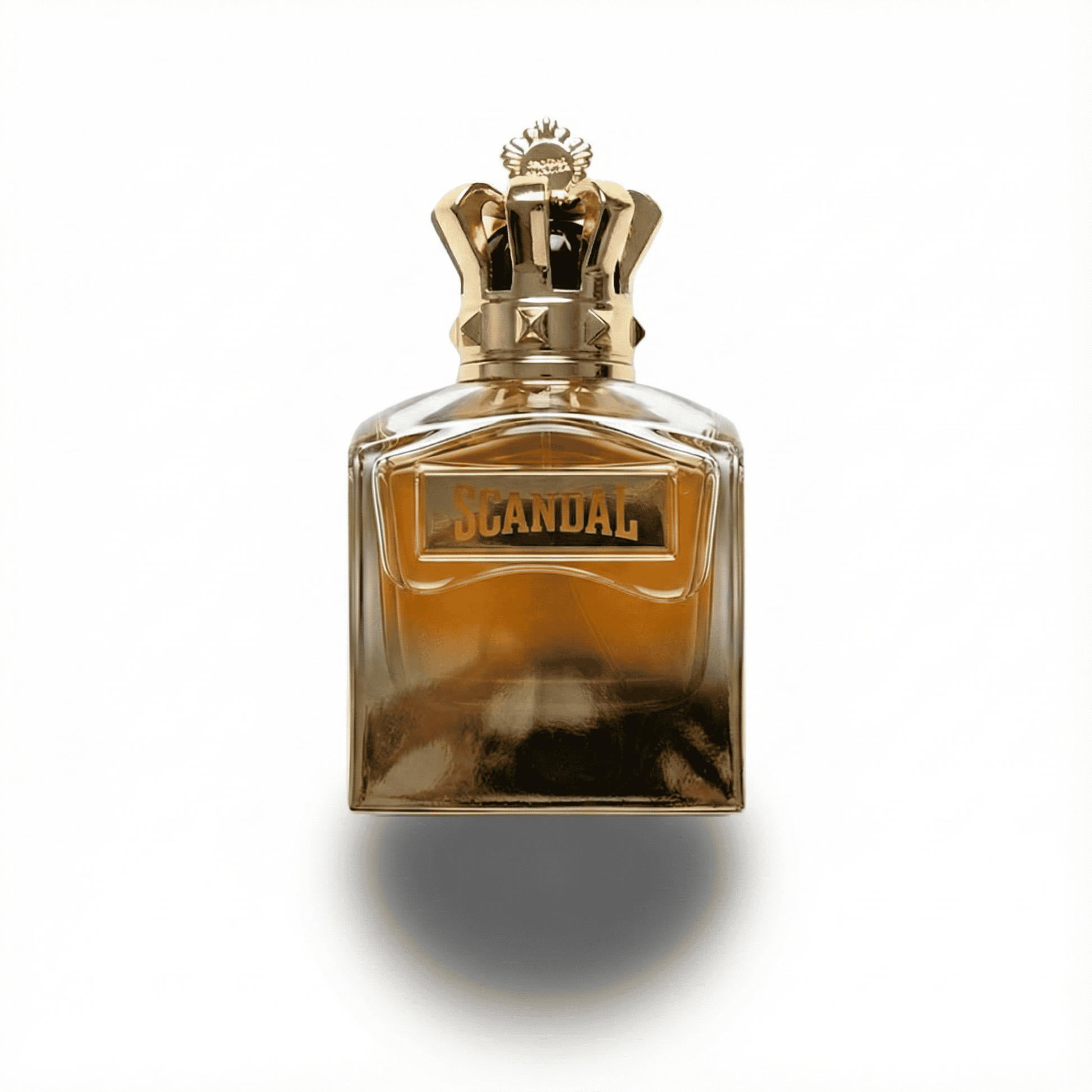 Luxurious perfume bottle labeled "Scandal" with a gold crown cap, symbolizing bold and glamorous fragrances.