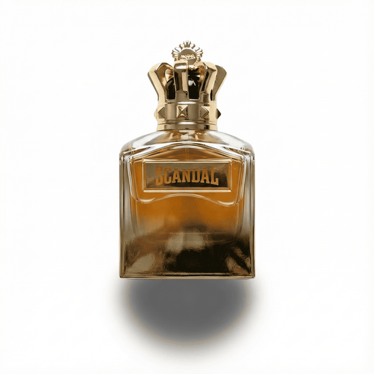 Luxurious perfume bottle labeled "Scandal" with a gold crown cap, symbolizing bold and glamorous fragrances.