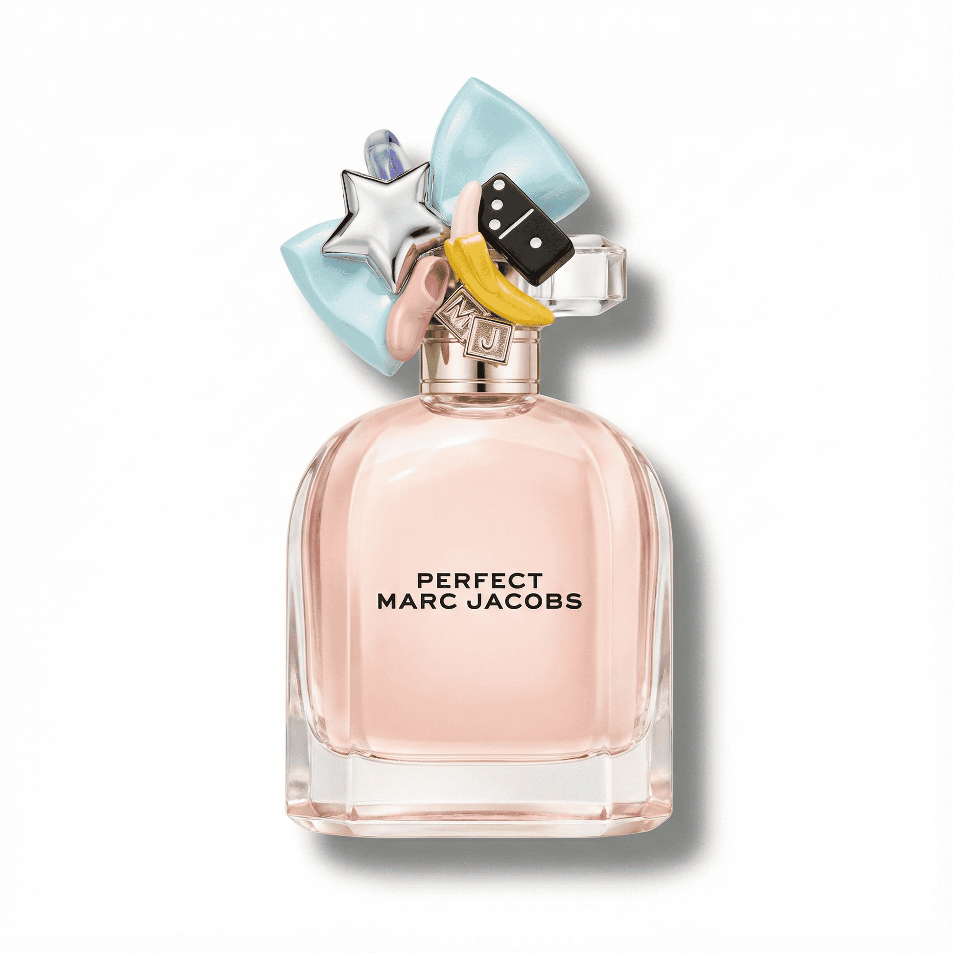 Bright pink Marc Jacobs perfume bottle with playful charms and accessories on the cap.
