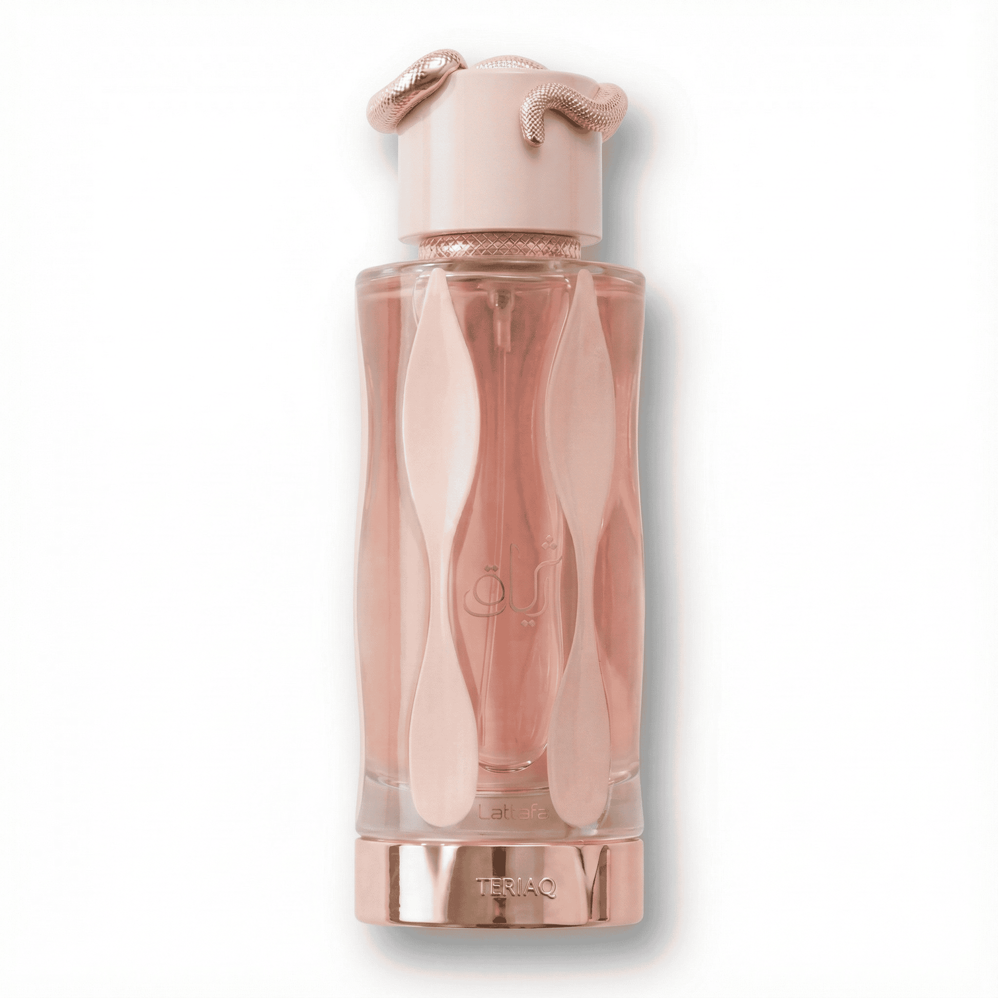 Rose gold perfume bottle with snake details, elegant design for luxury fragrances.