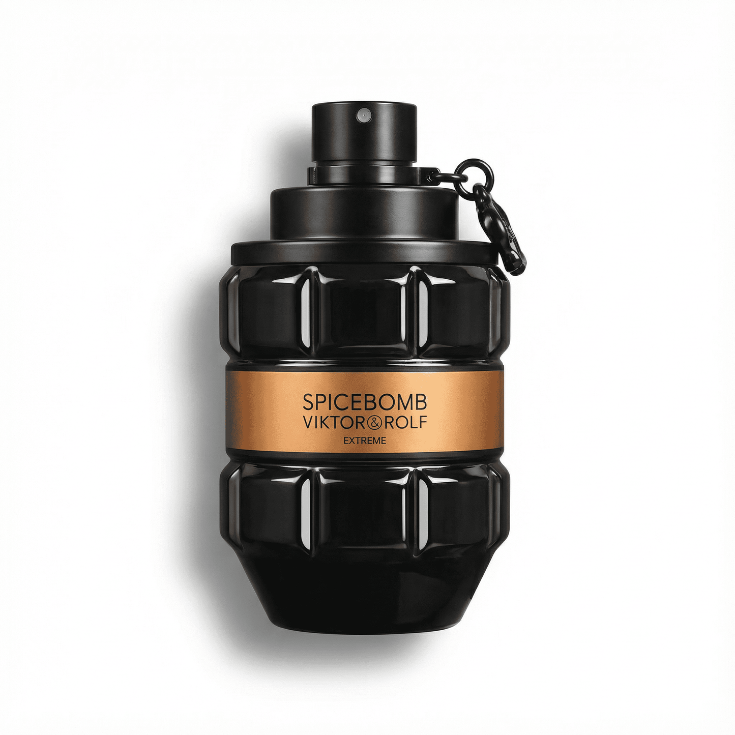 Bold black spice bomb perfume bottle with a rugged grenade shape and gold label for Viktor & Rolf.