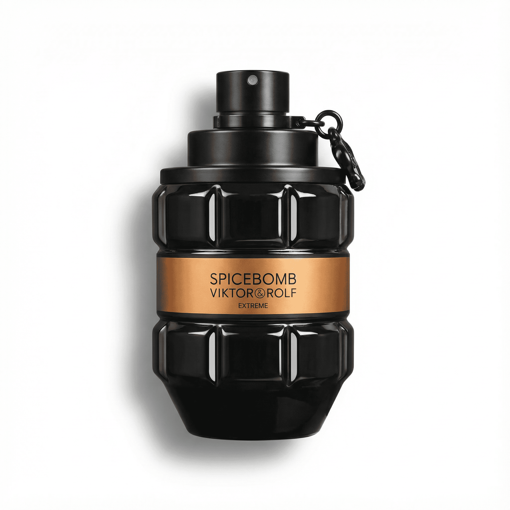 Bold black spice bomb perfume bottle with a rugged grenade shape and gold label for Viktor & Rolf.