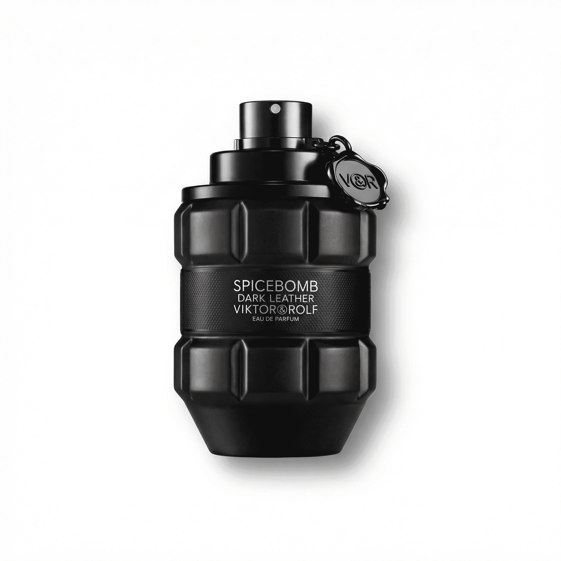 Black grenade-shaped perfume bottle with Viktor & Rolf Spicebomb Dark Leather branding.