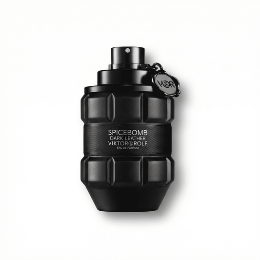 Black grenade-shaped perfume bottle with Viktor & Rolf Spicebomb Dark Leather branding.