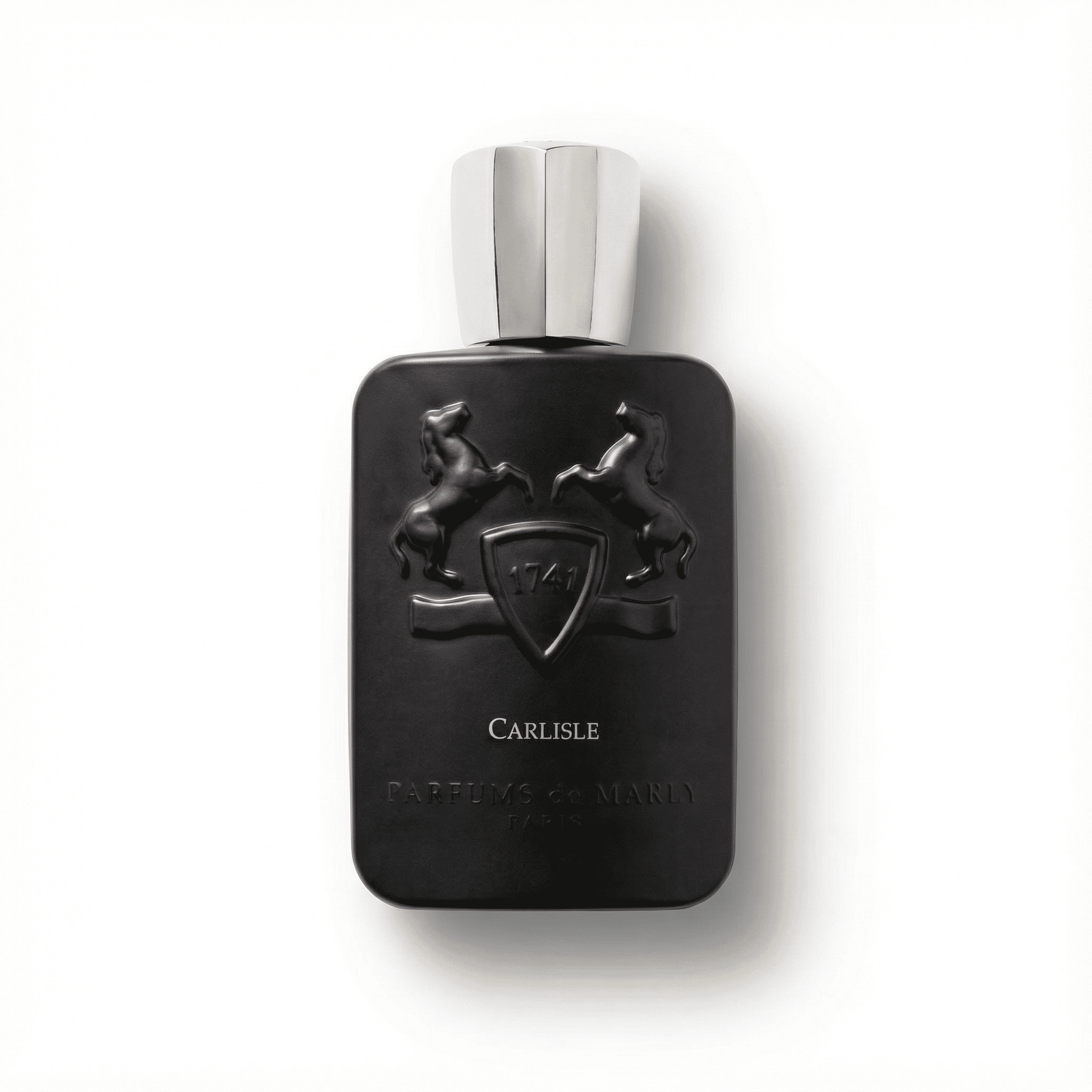 Elegant black perfume bottle with silver cap, featuring horse and crest design.