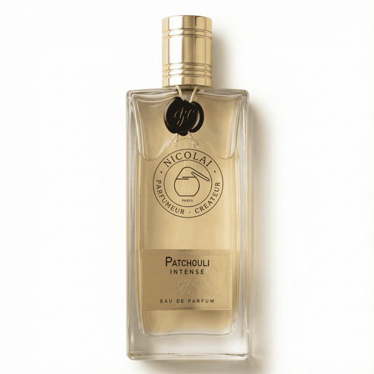 Luxurious Patchouli Intense Eau de Parfum bottle from Nicolai Paris, elegant and crafted for sophisticated fragrance.