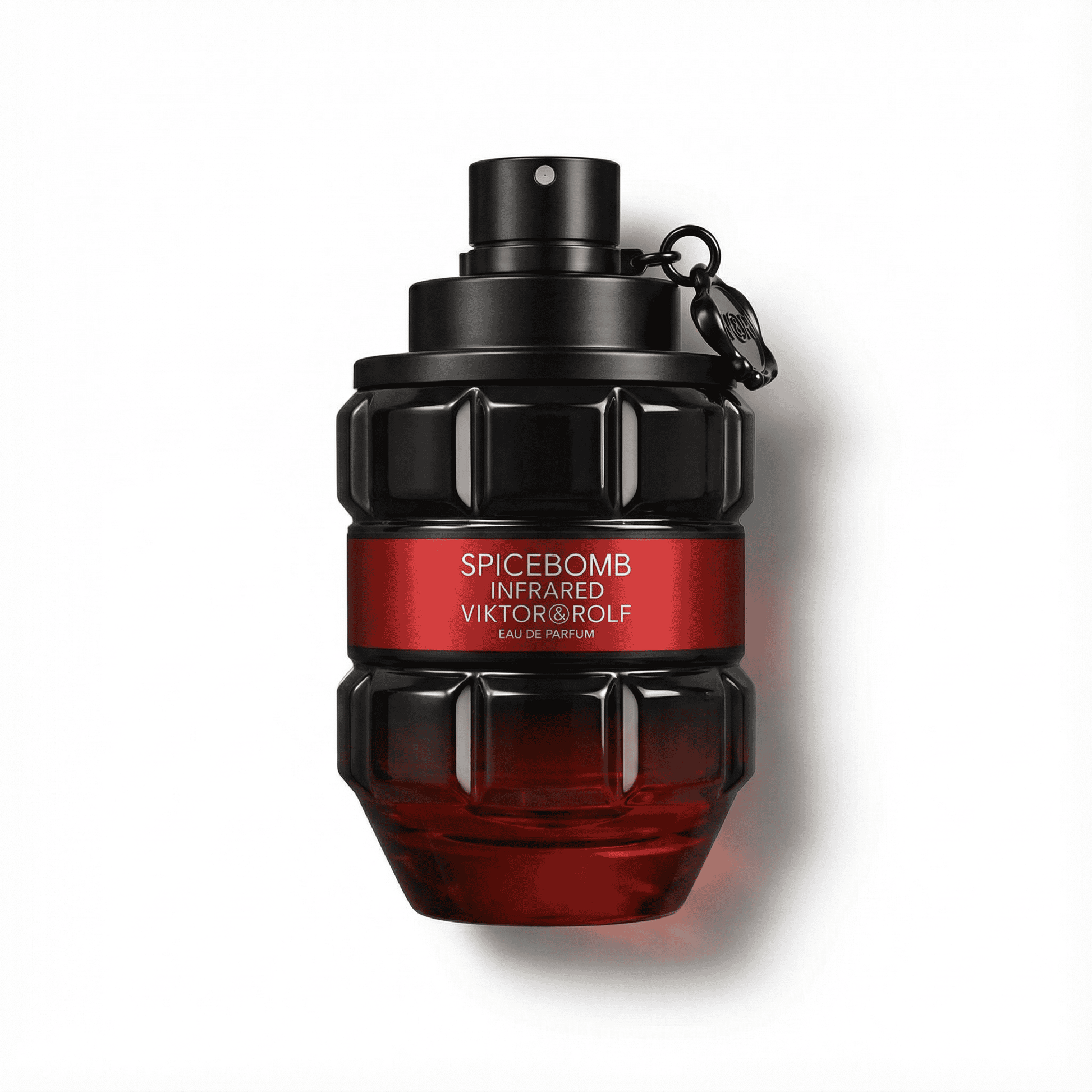 Dark red perfume bottle inspired by a hand grenade, featuring bold black cap and sleek design.