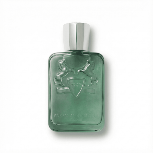 Luxurious green perfume bottle with embossed lions and classic design.