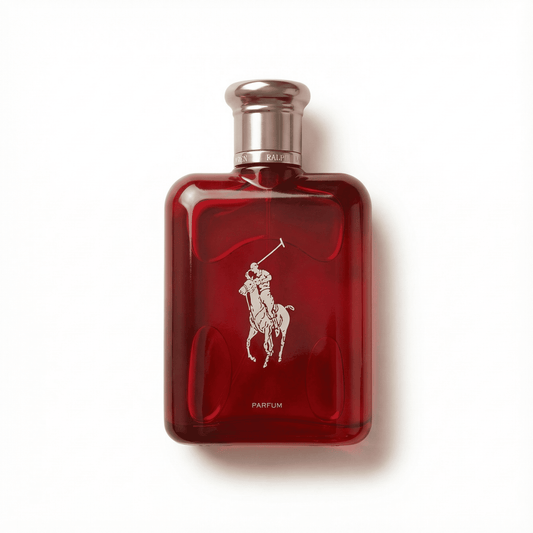 Elegant red perfume bottle with polo player silhouette, luxury fragrance, Aromatica.one.