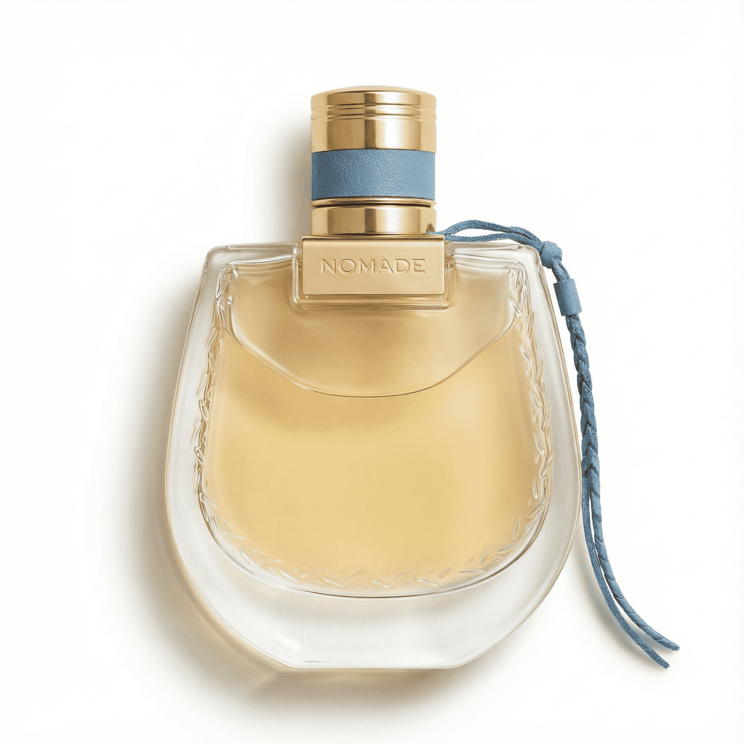 Luxurious perfume bottle with gold accents and blue ribbon, elegant and stylish design.