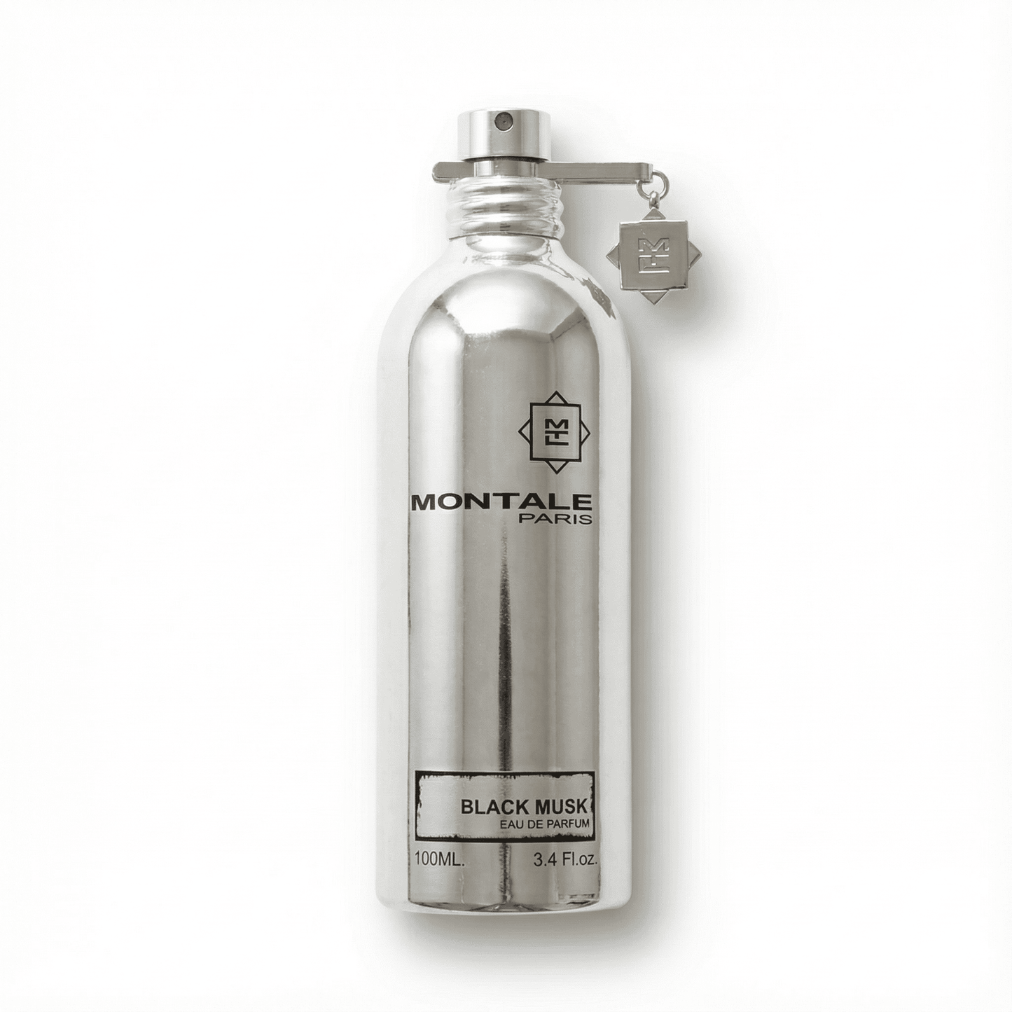 Elegant silver perfume bottle with black musk scent by Montale Paris for luxury fragrances.