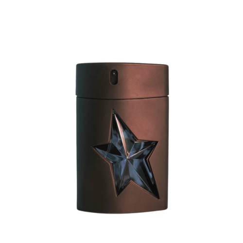 A 100ml bottle of Mugler A*Men Eau de Toilette with a bold black blue star-shaped design on a brown table.