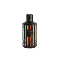 A 120ml bottle of Mancera Black Line Eau de Parfum with a sleek black gold stripe design on a brown table.