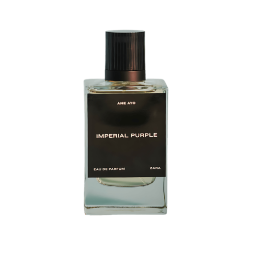 A 100ml bottle of Zara Imperial Purple Eau de Parfum with a rectangular glass body, and black cap on a brown table.