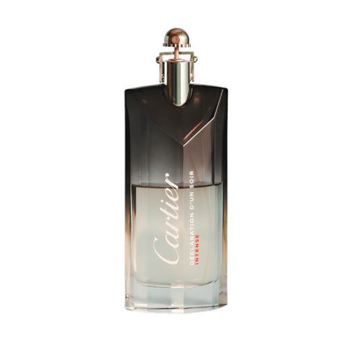 A 100ml bottle of Cartier Declaration D’Un Soir Intense Eau de Toilette with clear liquid and a rectangular glass design on a brown table.