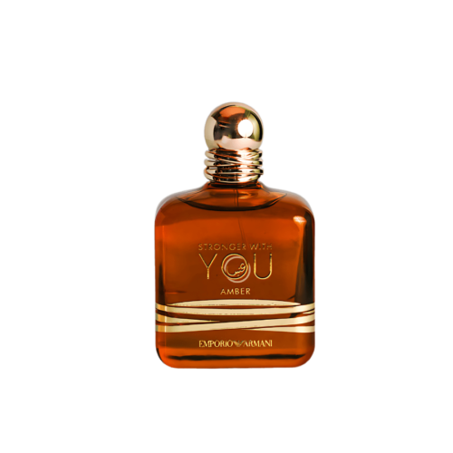 A 100ml bottle of Giorgio Armani Stronger With You Amber Eau de Parfum with a transparent amber glass bottle, a gold cap, on a brown table.