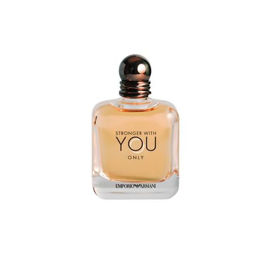 A 100ml bottle of Giorgio Armani Stronger With You Only Eau de Toilette with a transparent glass bottle, a light yellowish liquid, and a sleek silver-tone cap, placed on a brown table.