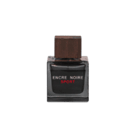 A 100ml bottle of Lalique Encre Noir Sport Eau de Toilette with a transparent rectangular bottle and a wooden cap, set on a brown table.