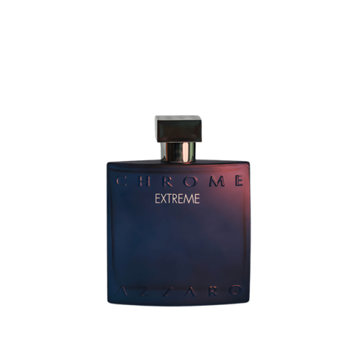 A 100ml bottle of Azzaro Chrome Extreme Eau de Parfum with a deep blue glass bottle and silver chrome cap on a brown table.