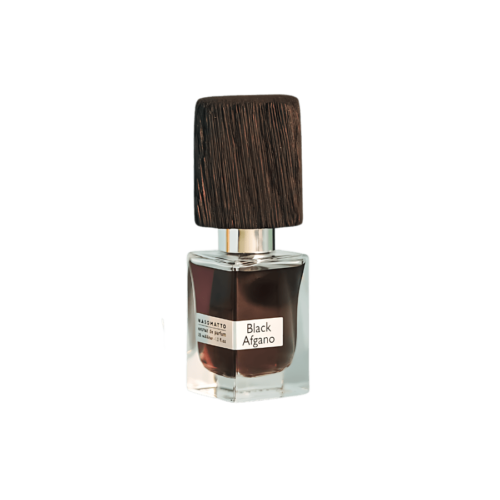 a 30ml bottle of Nasomatto Black Afgano Extrait de Parfum with a sleek, square dark glass design, a wooden cap, and a minimalist label on a brown table.