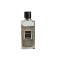 A 100ml bottle of Guerlain Homme Eau de Parfum, featuring a rectangular tinted glass design with green-toned liquid, a black cap, and clean edges, placed on a brown table.