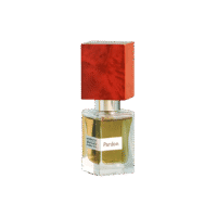 A 30ml bottle of Nasomatto Pardon Extrait de Parfum with a greenish, minimalistic design and a wooden cap on a brown table.