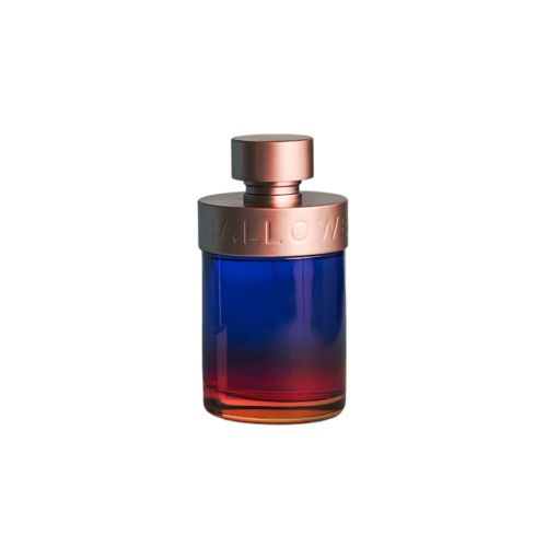 A 100ml bottle of Halloween Man Hero Eau de Toilette, featuring a sleek, dark blue glass body with a silver metallic cap and a blue liquid, placed on a brown table.