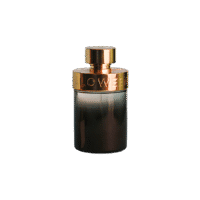 A 100ml bottle of Halloween Man Shot Eau de Toilette, featuring a black, rounded glass body with a gold metallic cap on a brown table.