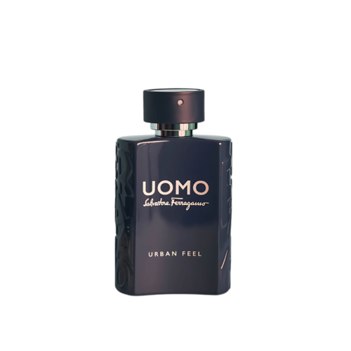 A 100ml bottle of Salvatore Ferragamo Uomo Urban Feel Eau de Toilette with a modern, blue glass design, placed on a brown table.