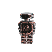 A 100ml bottle of Paco Rabanne Phantom Legion Eau de Toilette with a futuristic metallic design featuring a robotic-style head, placed on a brown table.