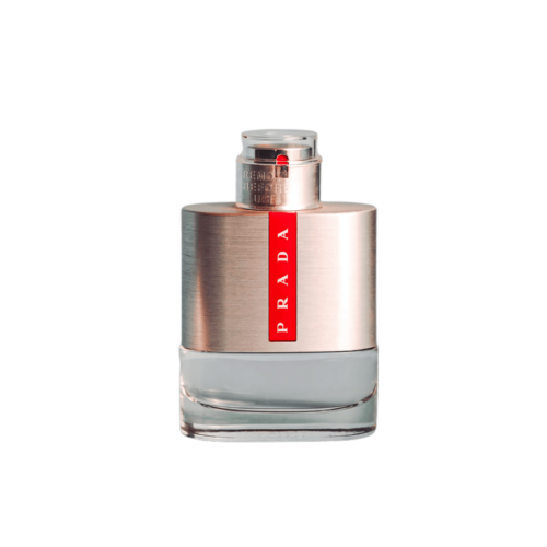 A 100ml bottle of Prada Luna Rossa Eau de Toilette with a sleek, modern design featuring a silver-colored cap and red accents, placed on a brown table.