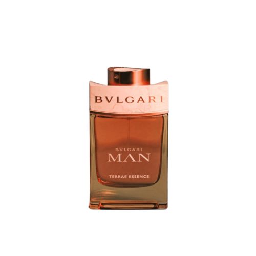 A 100ml bottle of Bvlgari Terrae Essence Eau de Parfum with a white and pale green design on a brown table.