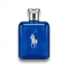Rich blue Ralph Lauren Polo Blue fragrance bottle with silver cap, luxury men's perfume.