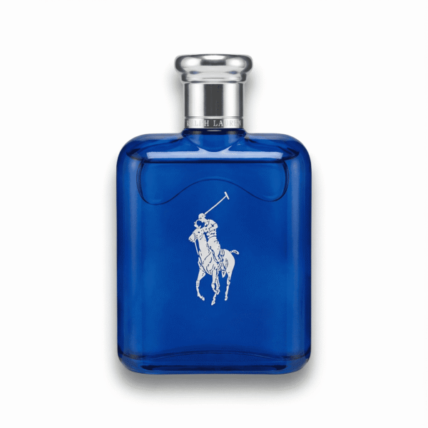 Rich blue Ralph Lauren Polo Blue fragrance bottle with silver cap, luxury men's perfume.