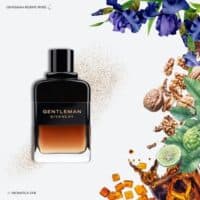 A 100ml bottle of Givenchy Gentleman Reserve Privee Eau de Parfum, showcasing a rectangular amber glass design with a black grey label and black cap