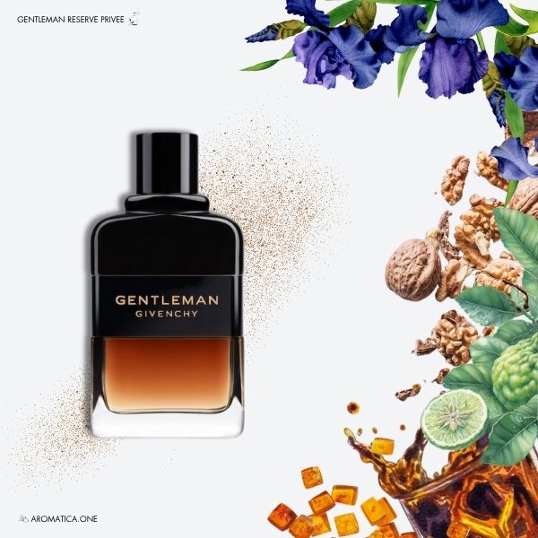 A 100ml bottle of Givenchy Gentleman Reserve Privee Eau de Parfum, showcasing a rectangular amber glass design with a black grey label and black cap