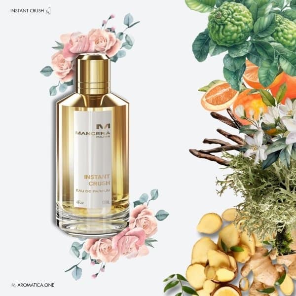A 120ml bottle of Mancera Instant Crush Eau de Parfum with a gradient gold and clear glass design and a gold cap
