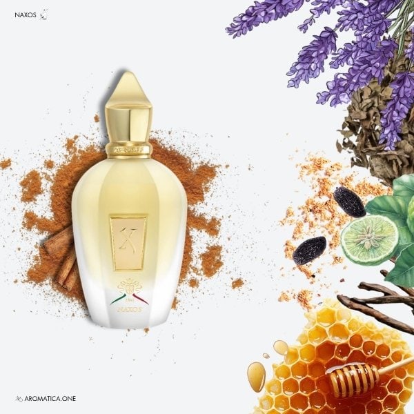 a 100ml bottle of Xerjoff Naxos Eau de Parfum with a curved purple glass design, a gold-colored cap, and an embossed Xerjoff emblem