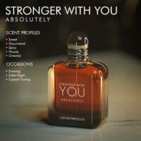 A 100ml bottle of Giorgio Armani Stronger With You Absolutely Eau de Parfum with a dark brown glass bottle and a silver-toned cap, displayed on a marble table.