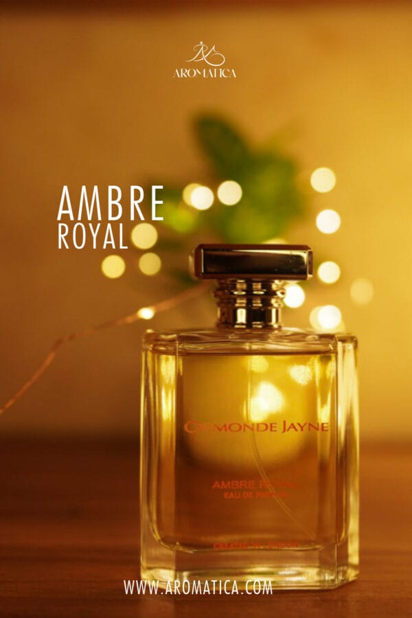 A 50ml bottle of Ormonde Jayne Ambre Royal Eau de Parfum with an elegant, glass bottle featuring gold accents, placed on a brown table.