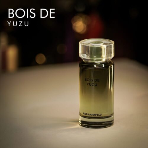 A 100ml bottle of Karl Lagerfeld Bois de Yuzu Eau de Toilette with a clear glass body, clear silver cap, and a cylindrical shape, greenish, set on a brown table.