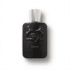 Elegant black perfume bottle with silver cap, featuring horse and crest design.