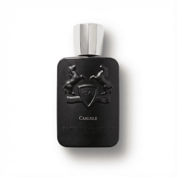 Elegant black perfume bottle with silver cap, featuring horse and crest design.