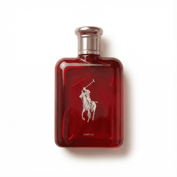 Elegant red perfume bottle with polo player silhouette, luxury fragrance, Aromatica.one.