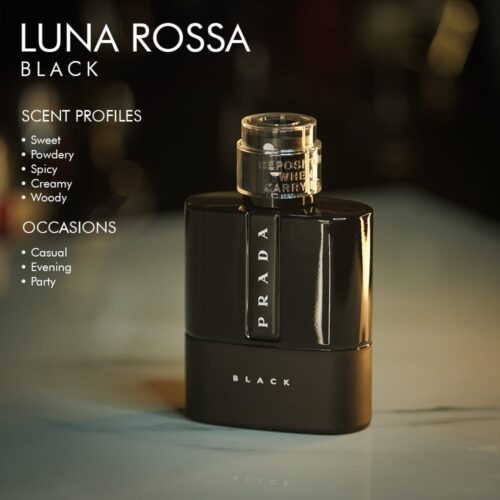 A 100ml bottle of Prada Luna Rossa Black Eau de Parfum with a sleek black glass design and a matte black cap, placed on a marble table.