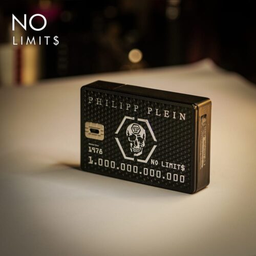 A 90ml bottle of Philipp Plein No Limits Eau de Parfum with a black credit card-shaped design and embossed details, placed on a white table.