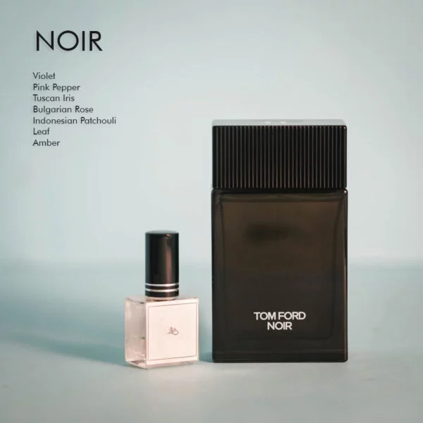 A dark tinted bottle of Tom Ford Noir Eau De Parfum with white font labels.