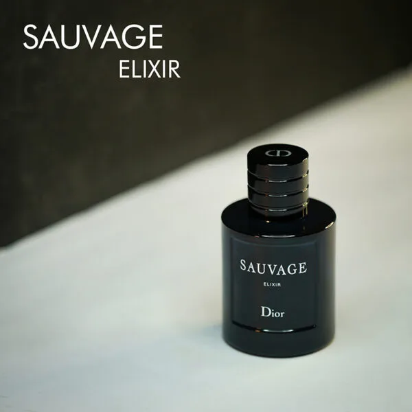 A dark bottle of Dior Sauvage Elixir with white font labels.