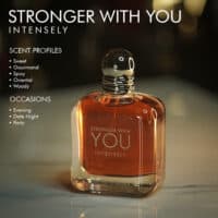 A 100ml bottle of Giorgio Armani Stronger With You Intensely Eau de Parfum with a transparent dark amber glass bottle, a silver-tone cap, and a slightly angular design, placed on a brown table.