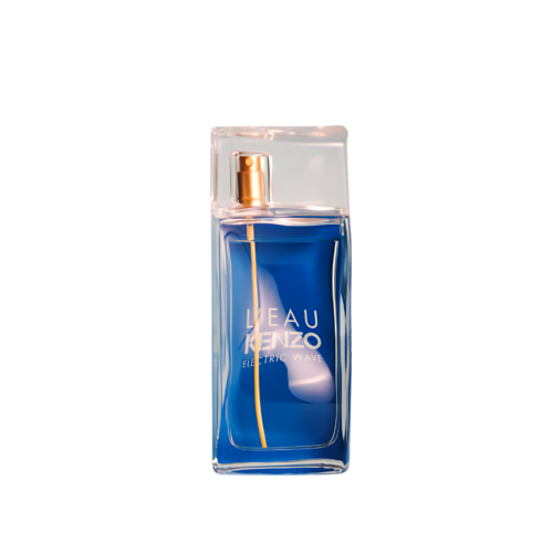 A 100ml bottle of Kenzo Electric Wave Eau de Toilette (Batch 2015) with a transparent glass body and blue-toned accents, set on a brown table.